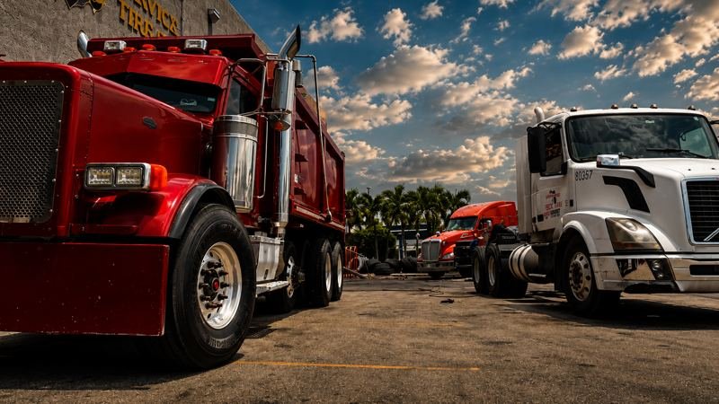 Camiones rojos y tractocamiones en el patio de Alex Truck Tire en Medley, Florida, al atardecer