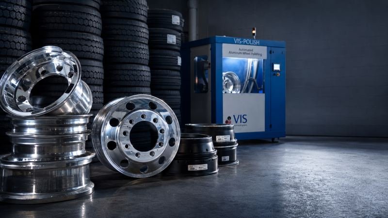 Aluminum and steel truck wheels on display